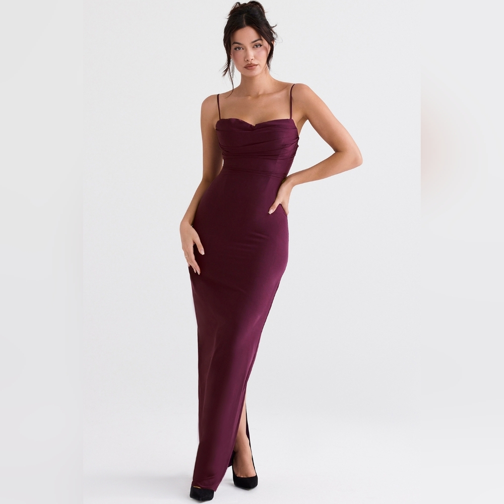 NWT $285 HOUSE OF CB LANI MERLOT CORSET MAXI DRESS SZ SMALL
